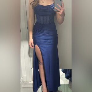 Navy Blue Beaded Prom Dress – Elegant Ruched Gown with Spaghetti Straps